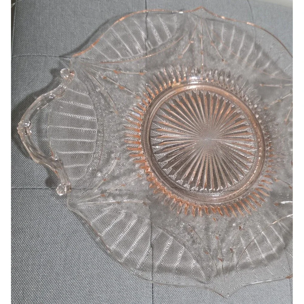 Vintage Pretty Pink Depression Glass Serving Platter Etched Dish w/Handles EuC